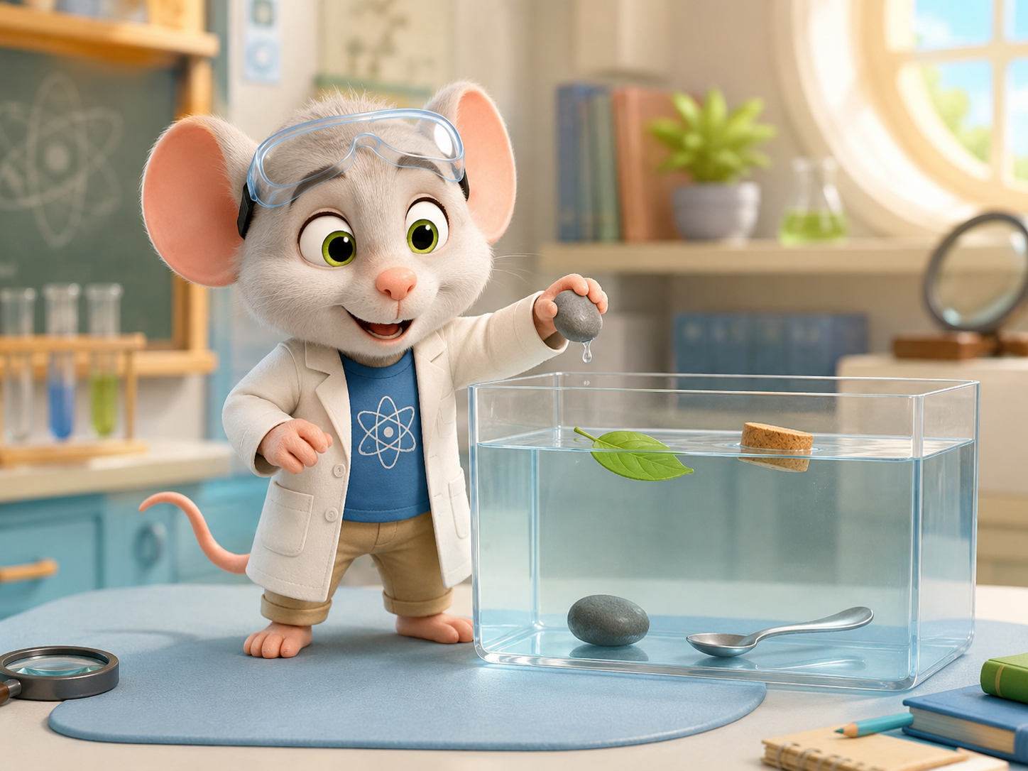 Newton haciendo un experimento de flotación y hundimiento con agua
