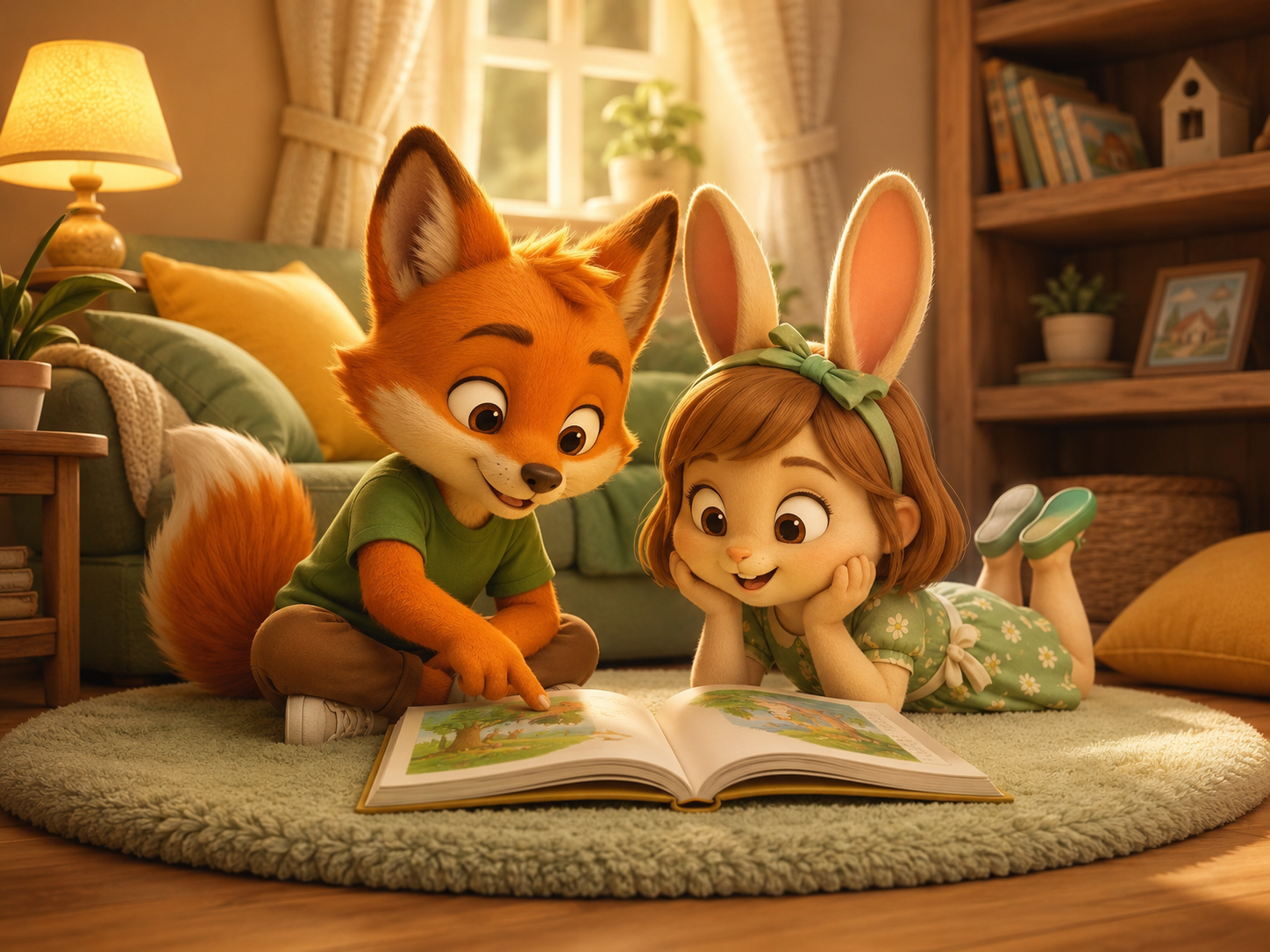 Rincón de lectura cálido con un cuento abierto y libros
