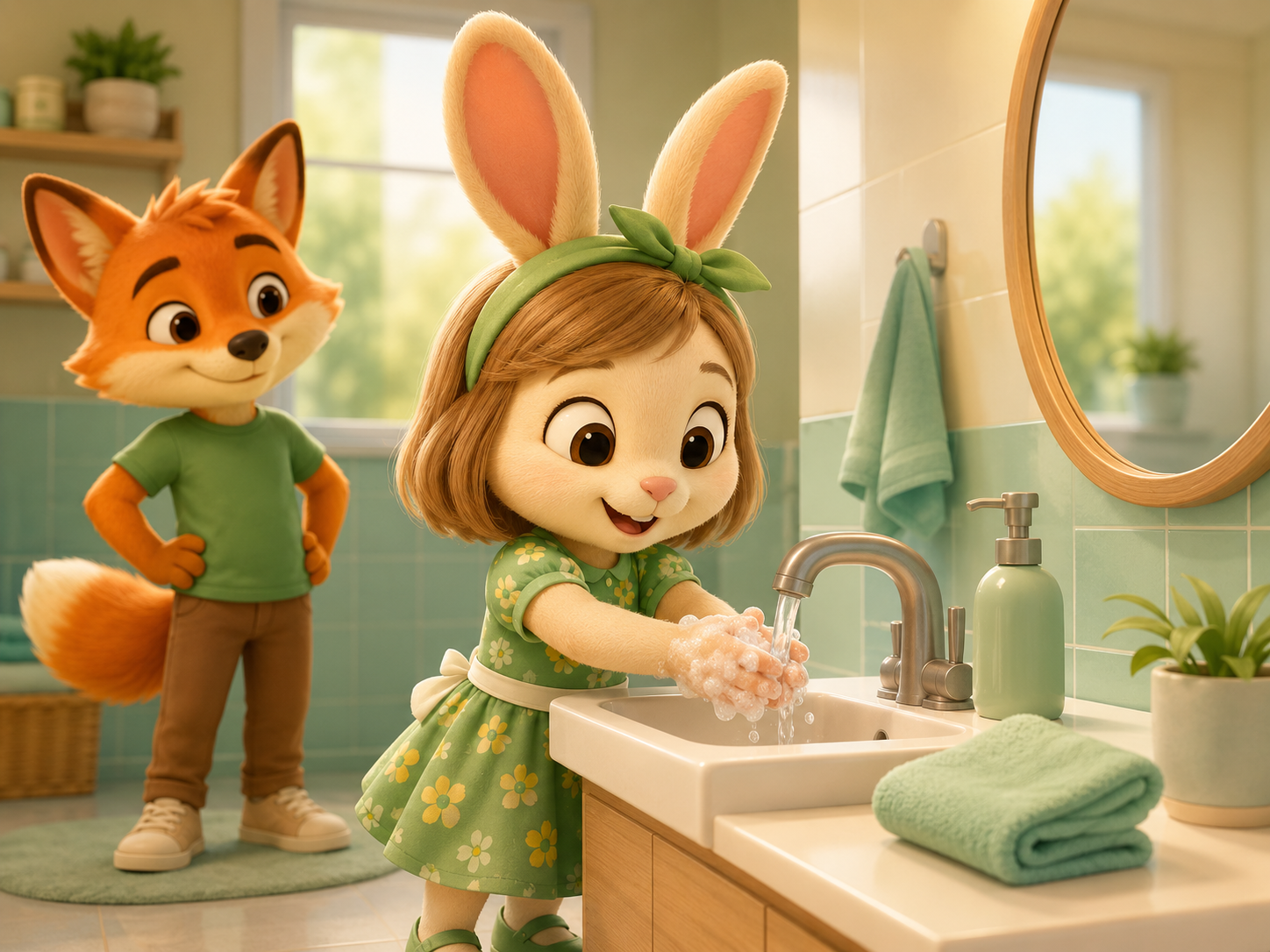 Elia lavándose las manos con jabón en el lavabo