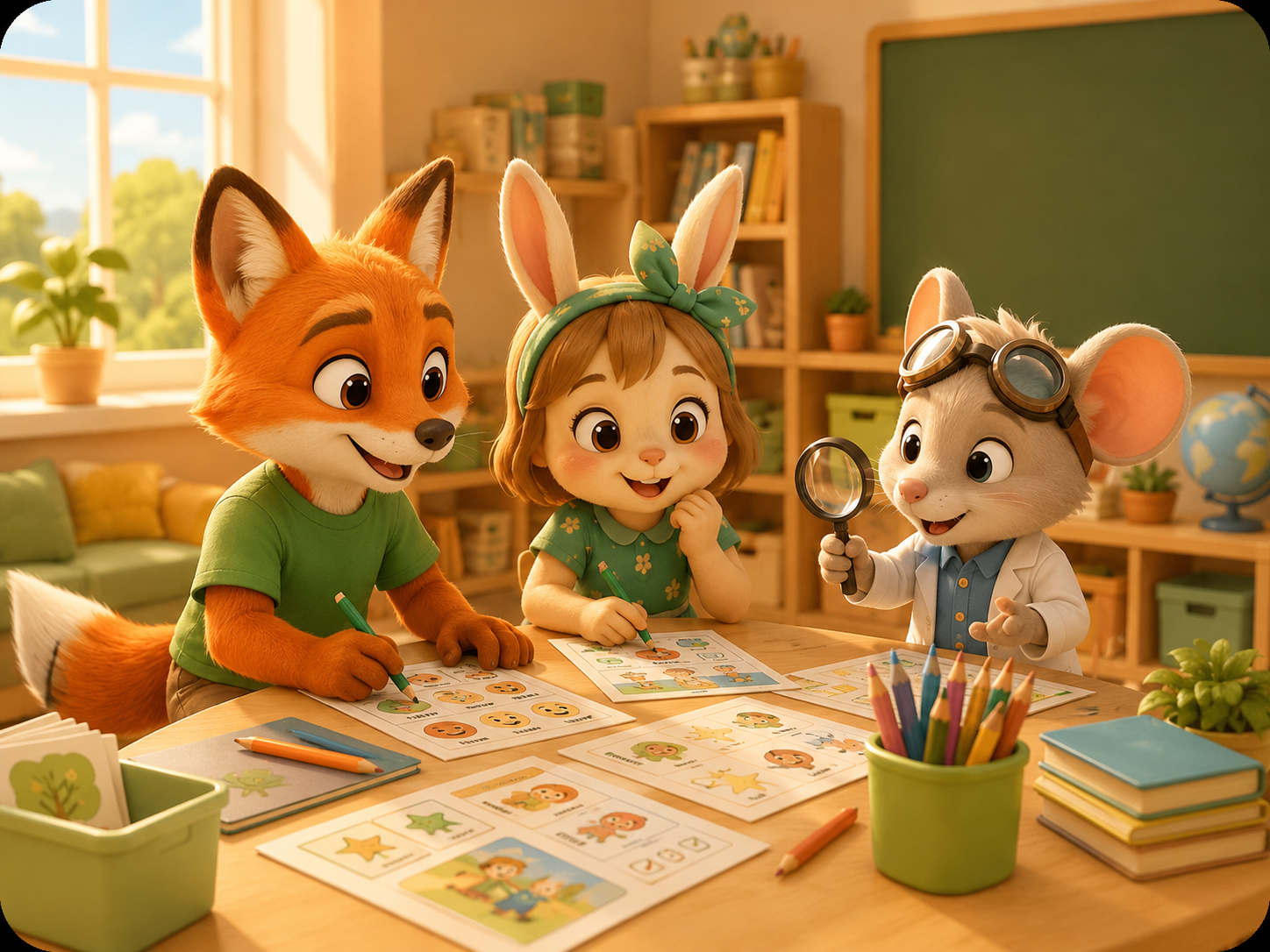 Víctor y Elia en un aula cálida con recursos educativos de Little Big Habits para docentes