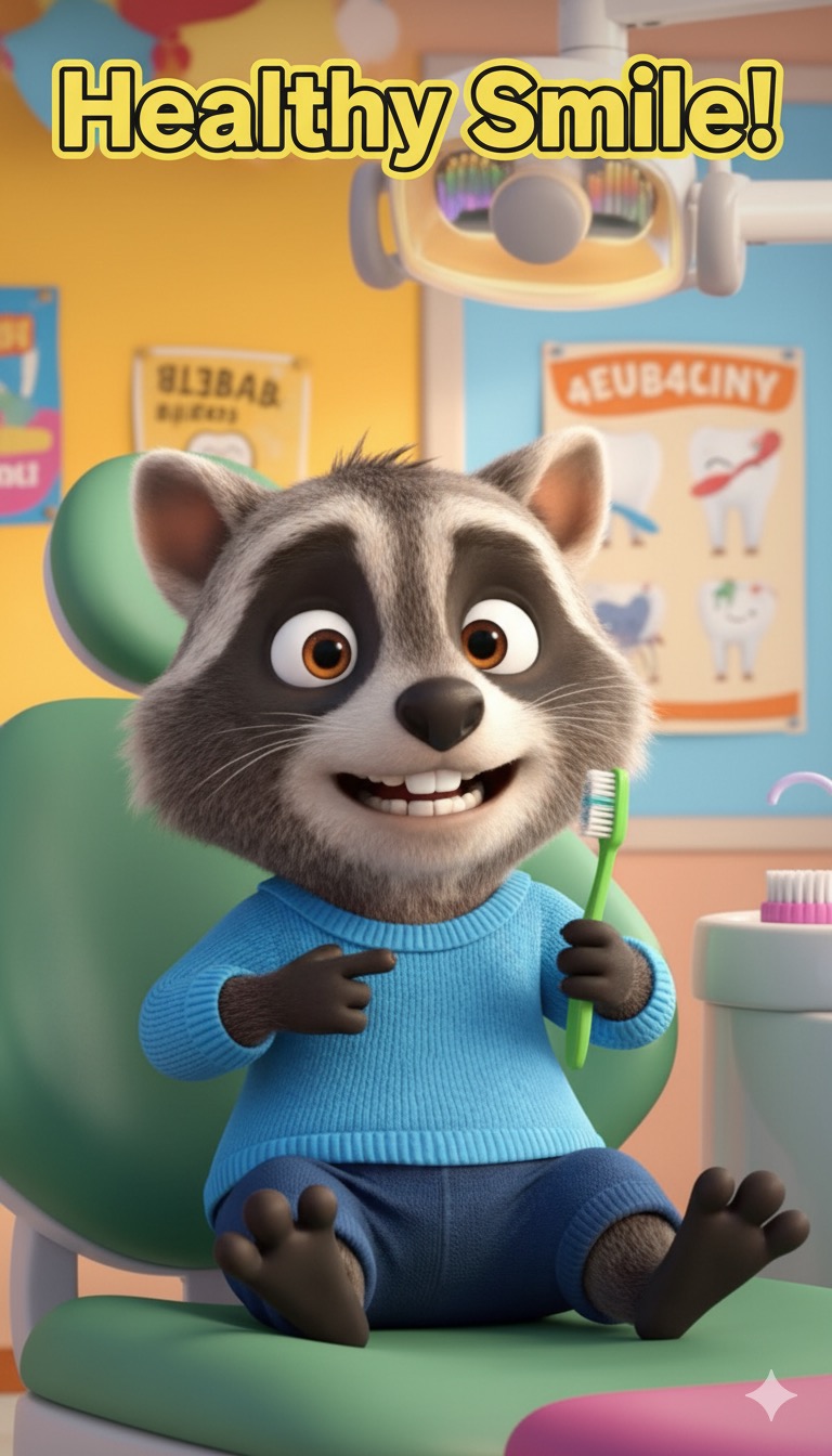 Marc, el mapache de Little Big Habits, aprende a cuidar su sonrisa en el dentista.