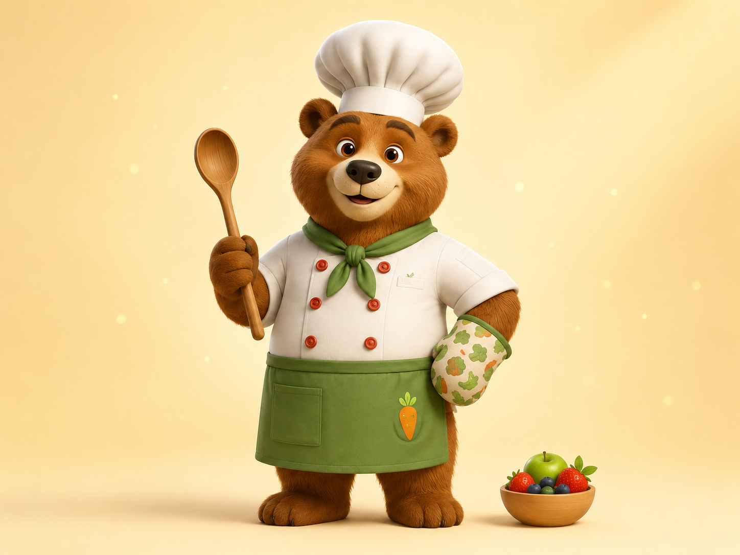 Chef Bruno, el oso cocinero de Little Big Habits, con cuchara de madera y delantal