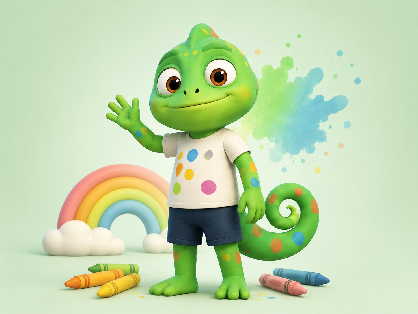 Milo, el camaleón de las emociones de Little Big Habits, con arcoíris y ceras de colores