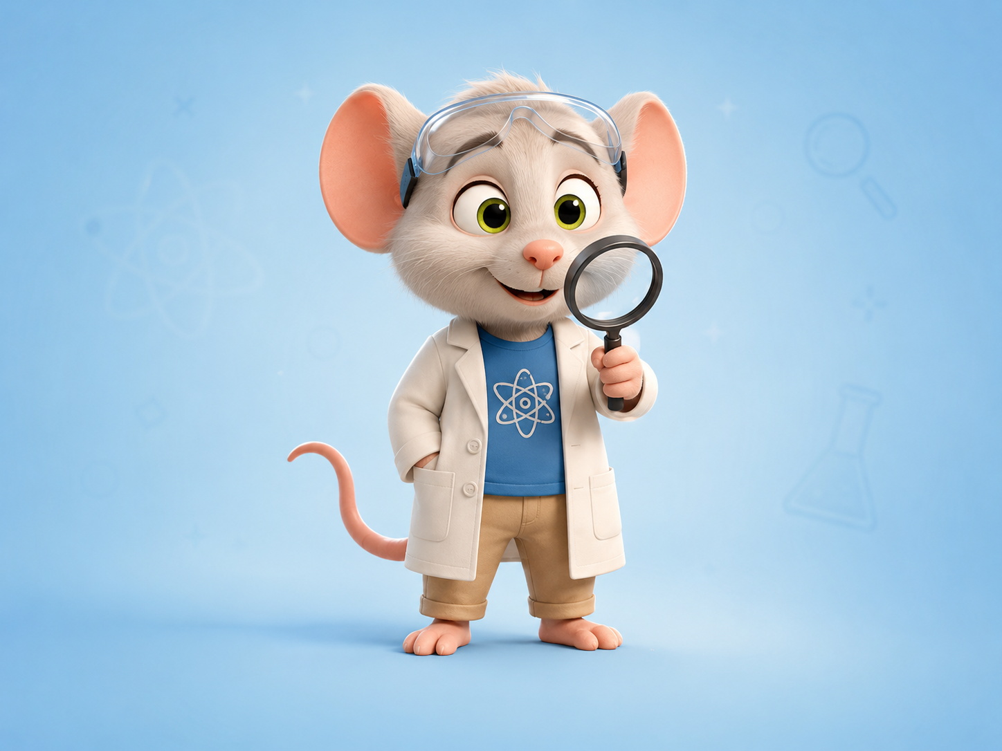 Newton, el ratón científico de Little Big Habits, con bata, gafas y lupa