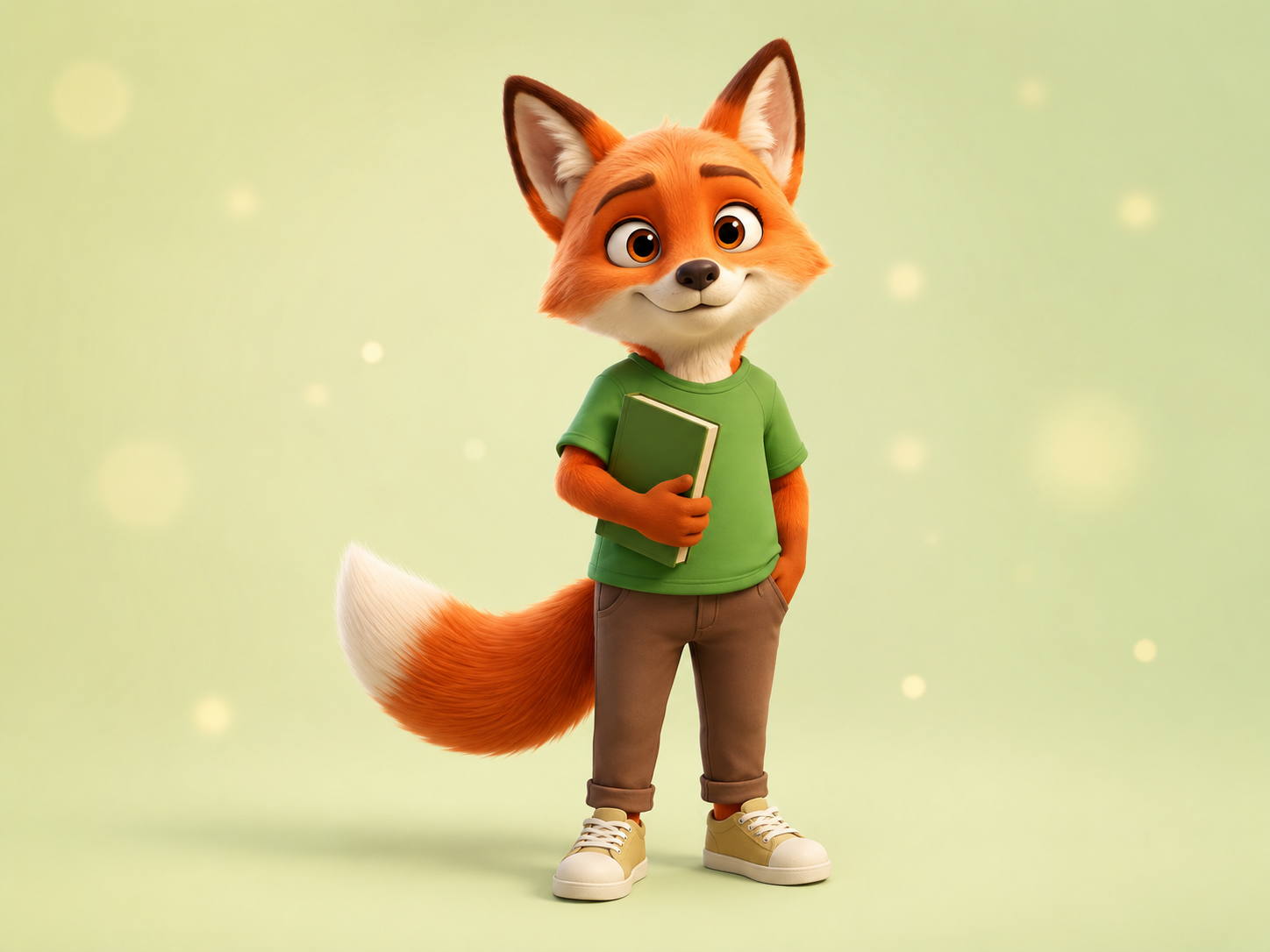 Víctor, el zorro curioso de Little Big Habits, sosteniendo un libro